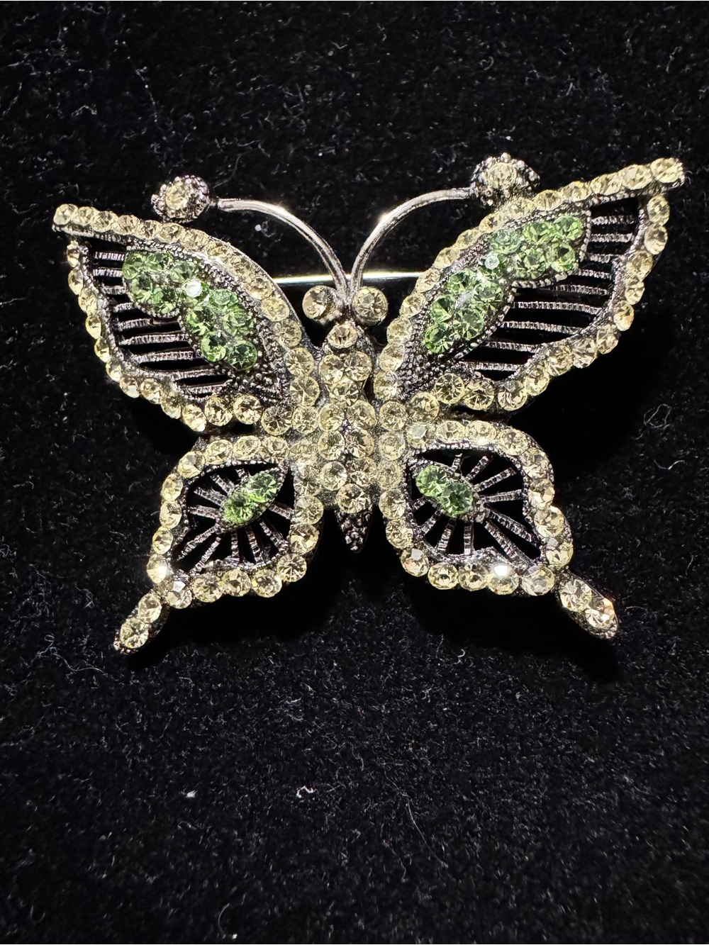 Crystal Butterfly Brooch with Green Accents in Silver Tone Setting Signed JHS